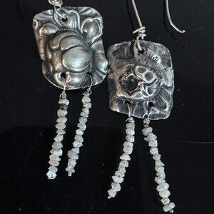 Genuine Raw Rough Diamond Earrings Antique Floral Sterling Silver 925 Dangle